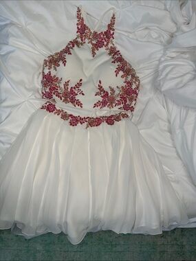 GLS Collective White Prom Dress with Pink Floral Embellishments